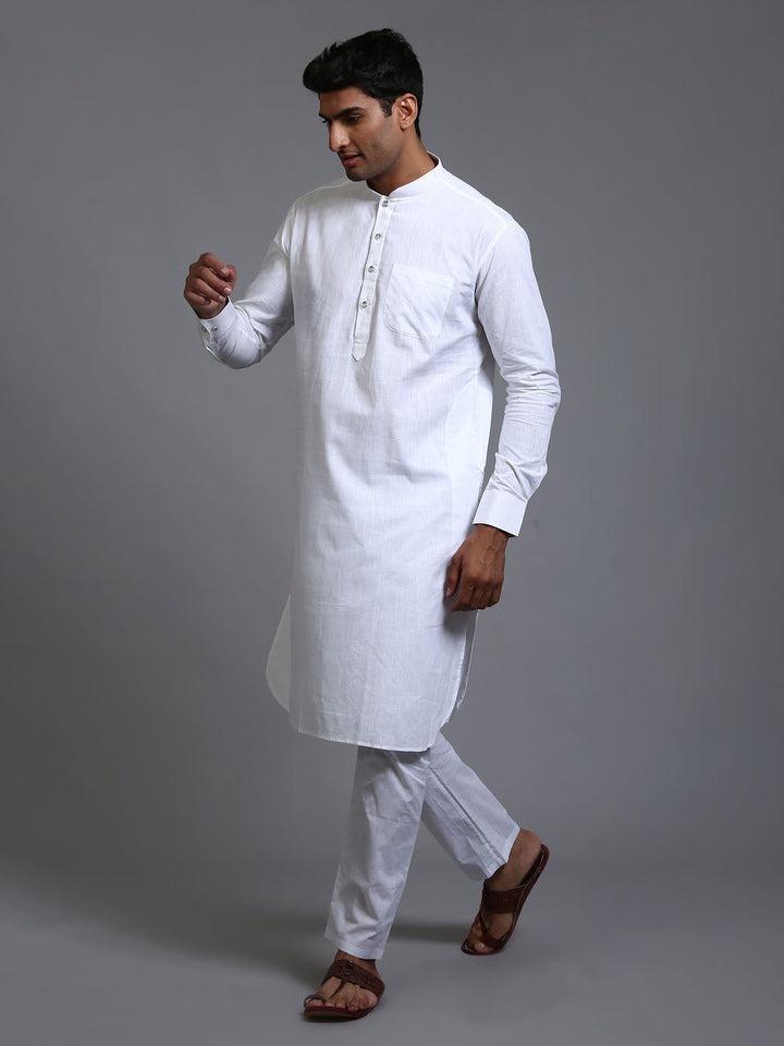 Sarvati Men's White Cotton Blend Pathani Kurta Pyjama Set