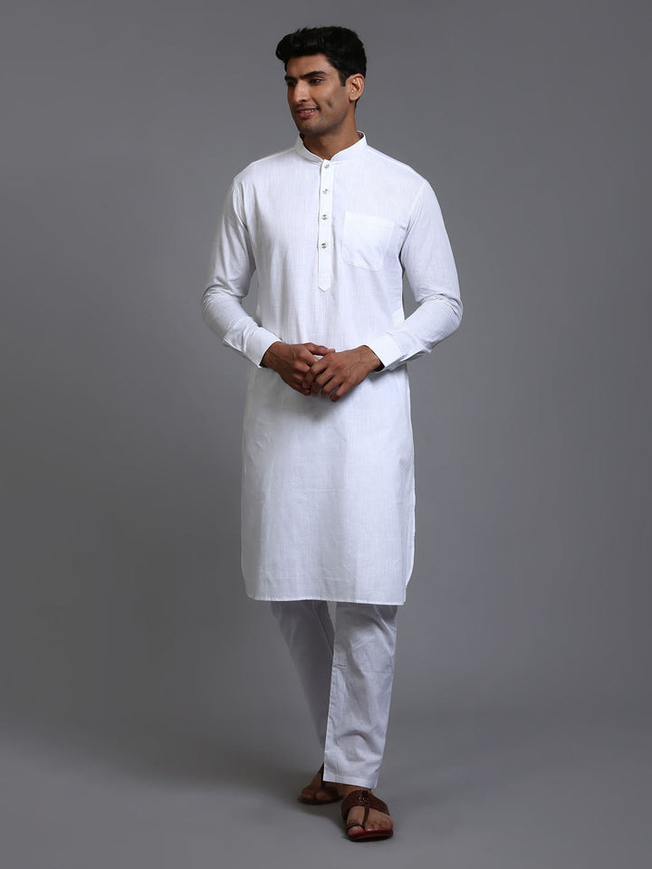 Sarvati Men's White Cotton Blend Pathani Kurta Pyjama Set