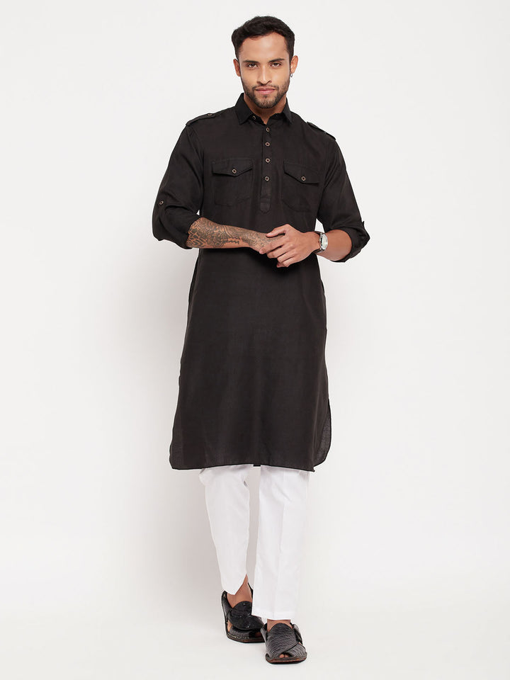 Sarvati Men's Black Pathani Suit With White Pant Set