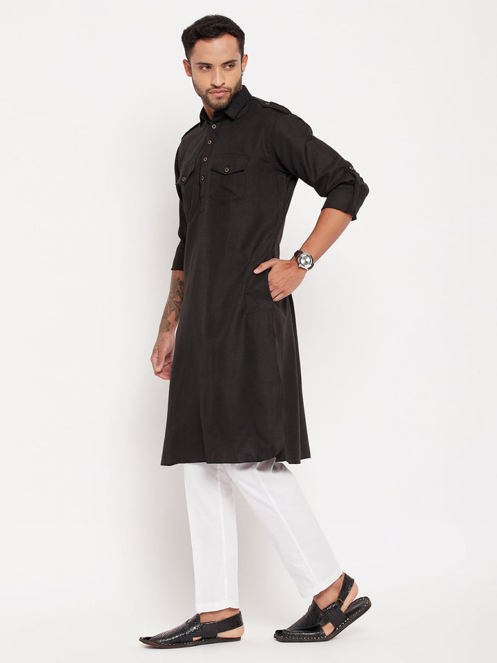 Sarvati Men's Black Pathani Suit With White Pant Set