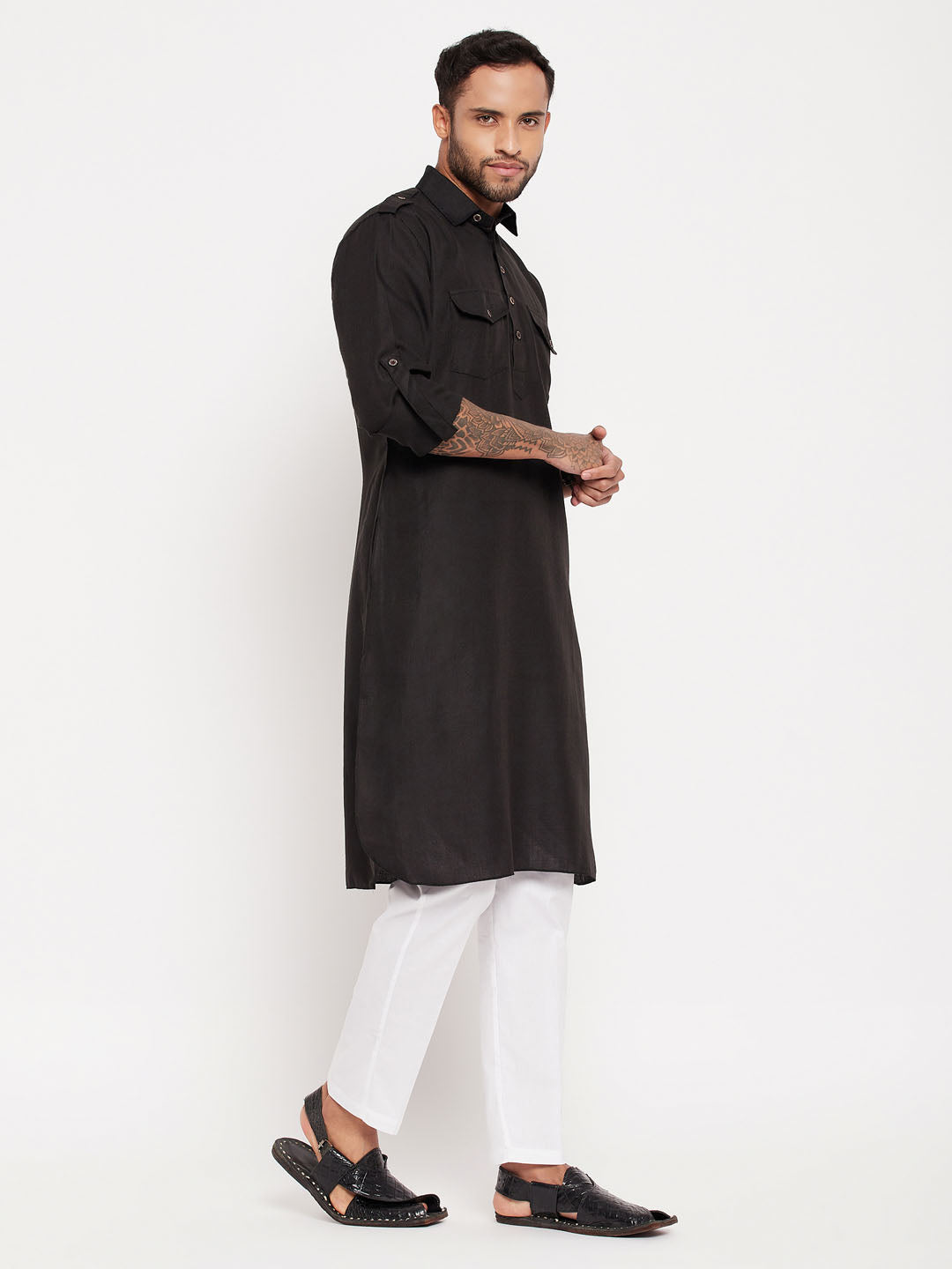 Sarvati Men's Black Pathani Suit With White Pant Set