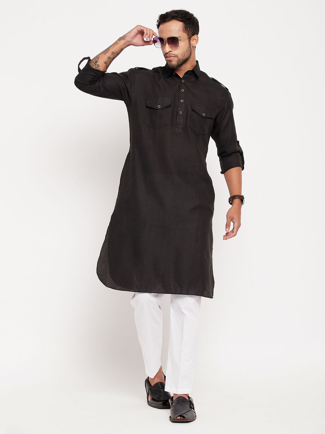 Sarvati Men's Black Pathani Suit With White Pant Set