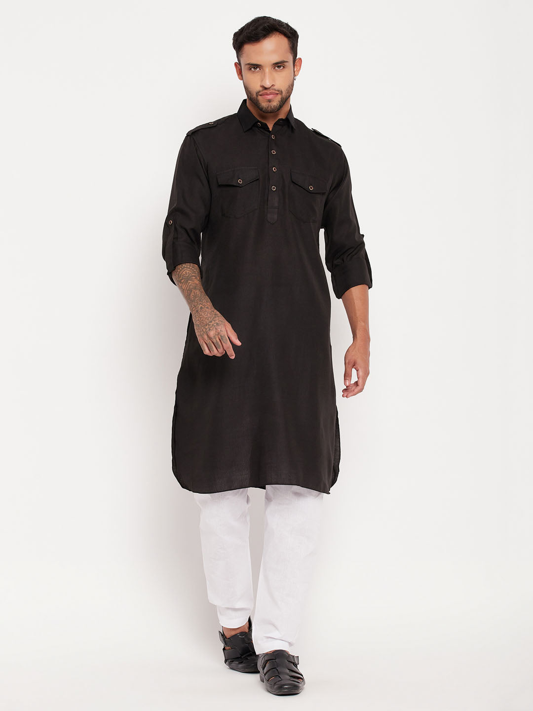 Sarvati Men's Black And White Cotton Blend Pathani Suit Set