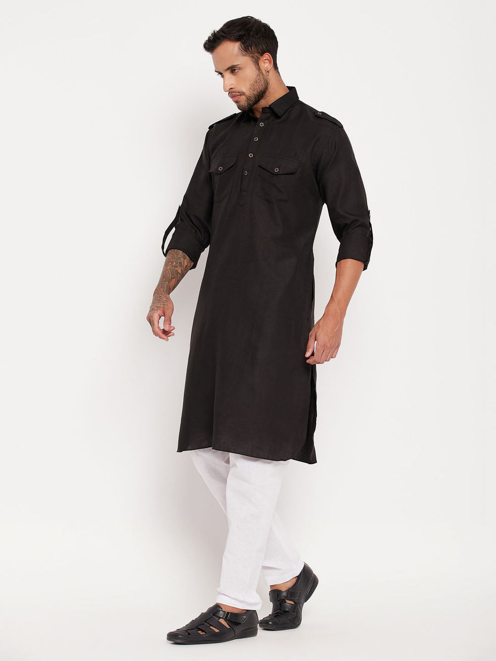 Sarvati Men's Black And White Cotton Blend Pathani Suit Set