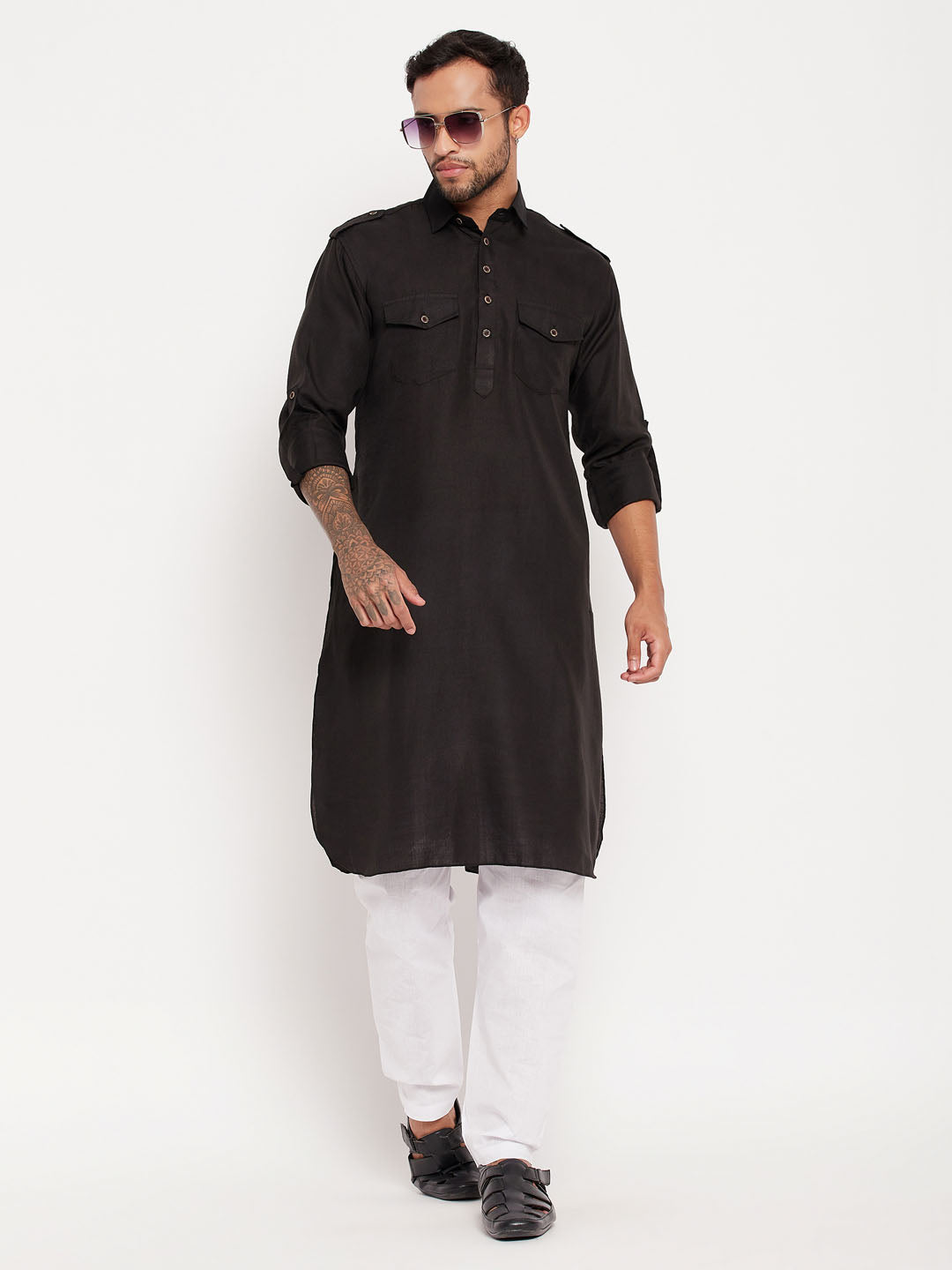 Sarvati Men's Black And White Cotton Blend Pathani Suit Set