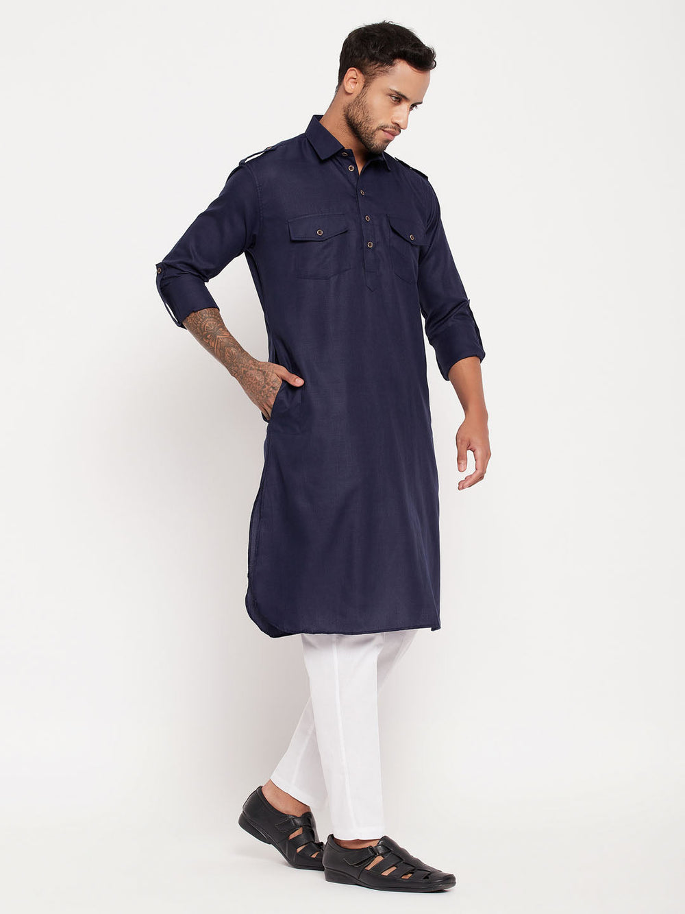 Sarvati Men's Blue Pathani Suit With White Pant Set