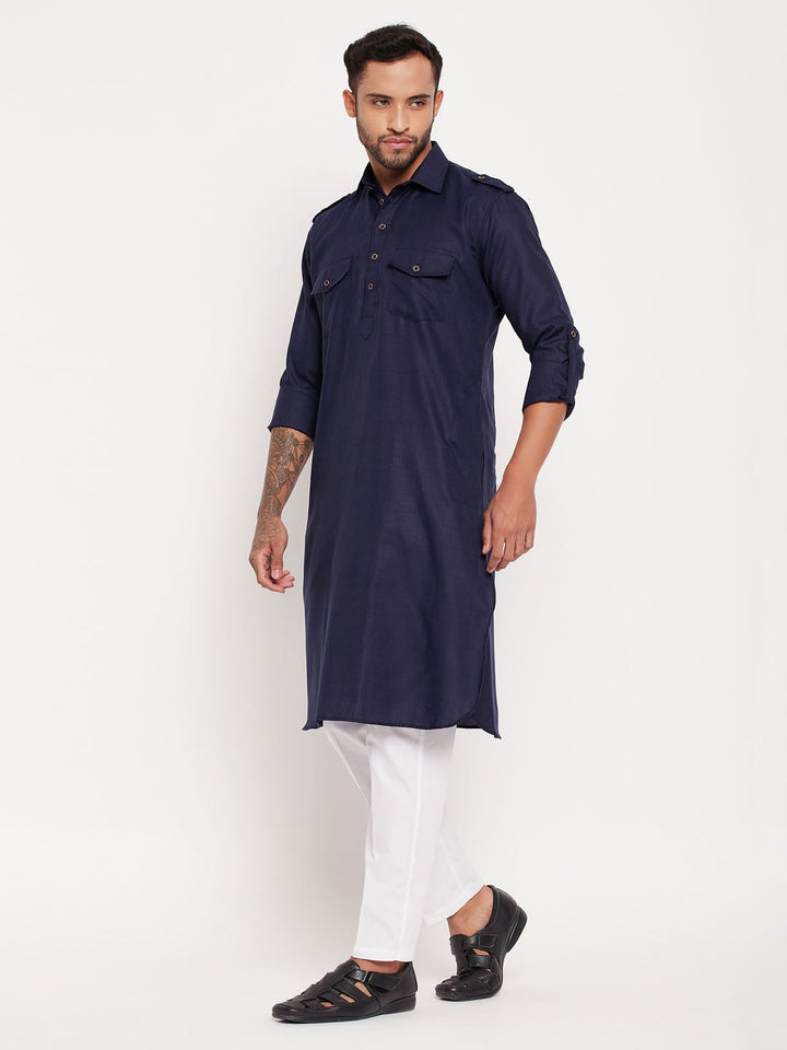 Sarvati Men's Blue Pathani Suit With White Pant Set