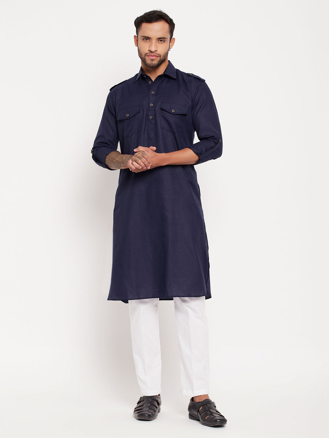 Sarvati Men's Blue Pathani Suit With White Pant Set