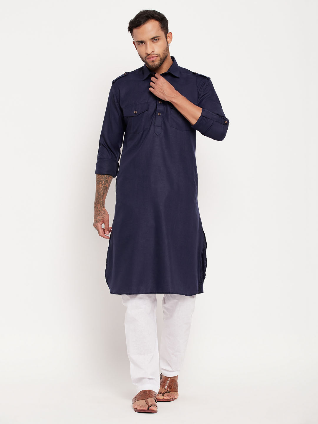 Sarvati Men's Blue And White Cotton Blend Pathani Suit Set