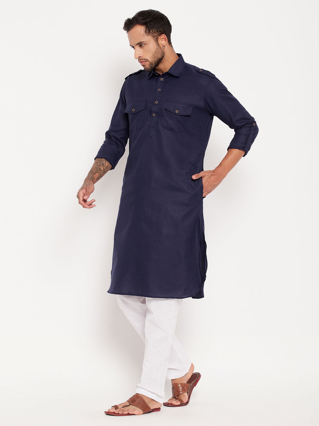 Sarvati Men's Blue And White Cotton Blend Pathani Suit Set