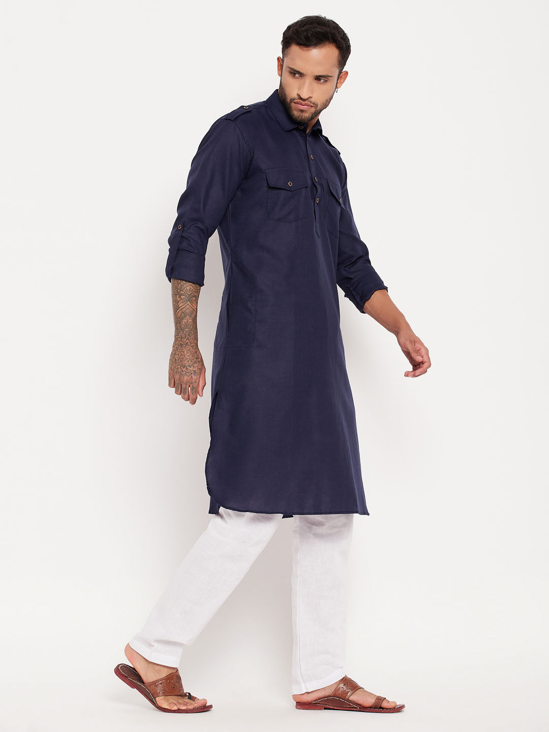 Sarvati Men's Blue And White Cotton Blend Pathani Suit Set