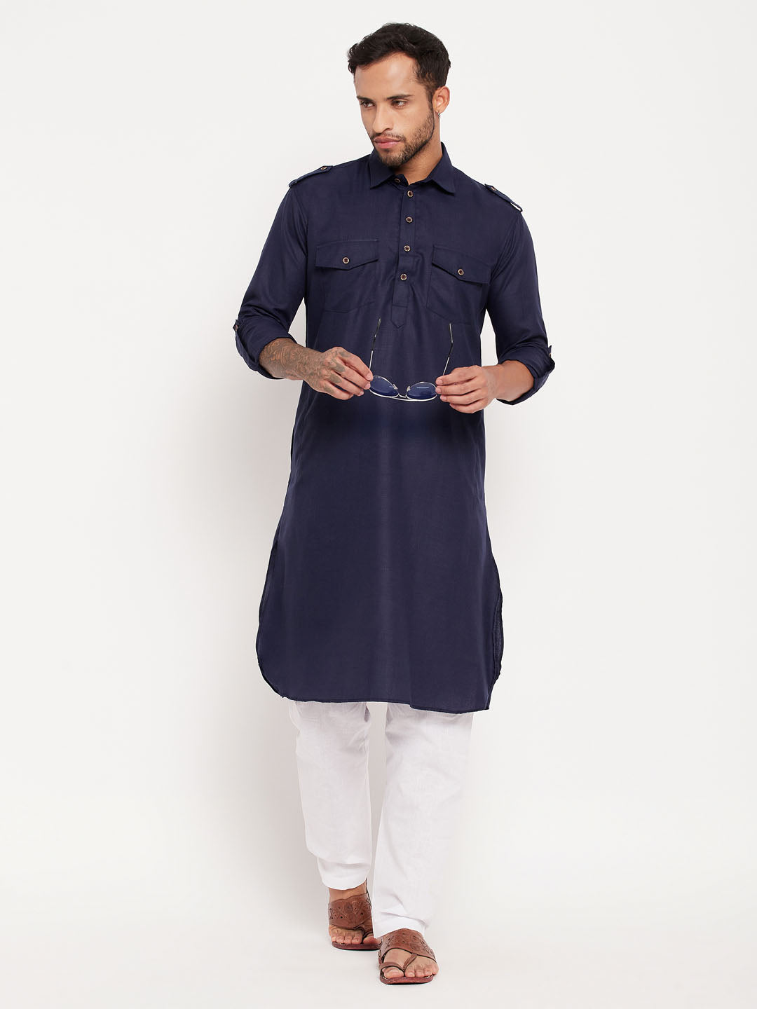 Sarvati Men's Blue And White Cotton Blend Pathani Suit Set