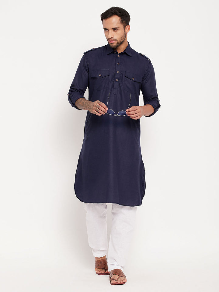 Sarvati Men's Blue And White Cotton Blend Pathani Suit Set