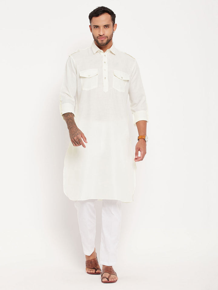 Sarvati Men's Cream Pathani Suit With White Pant Set