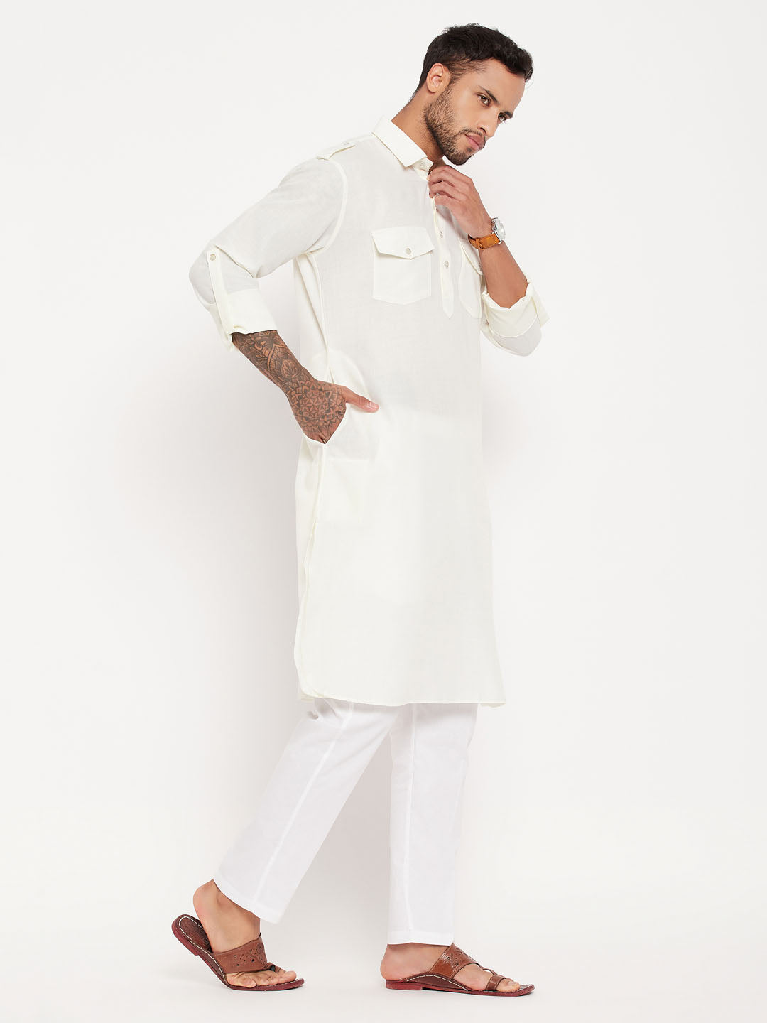 Sarvati Men's Cream Pathani Suit With White Pant Set