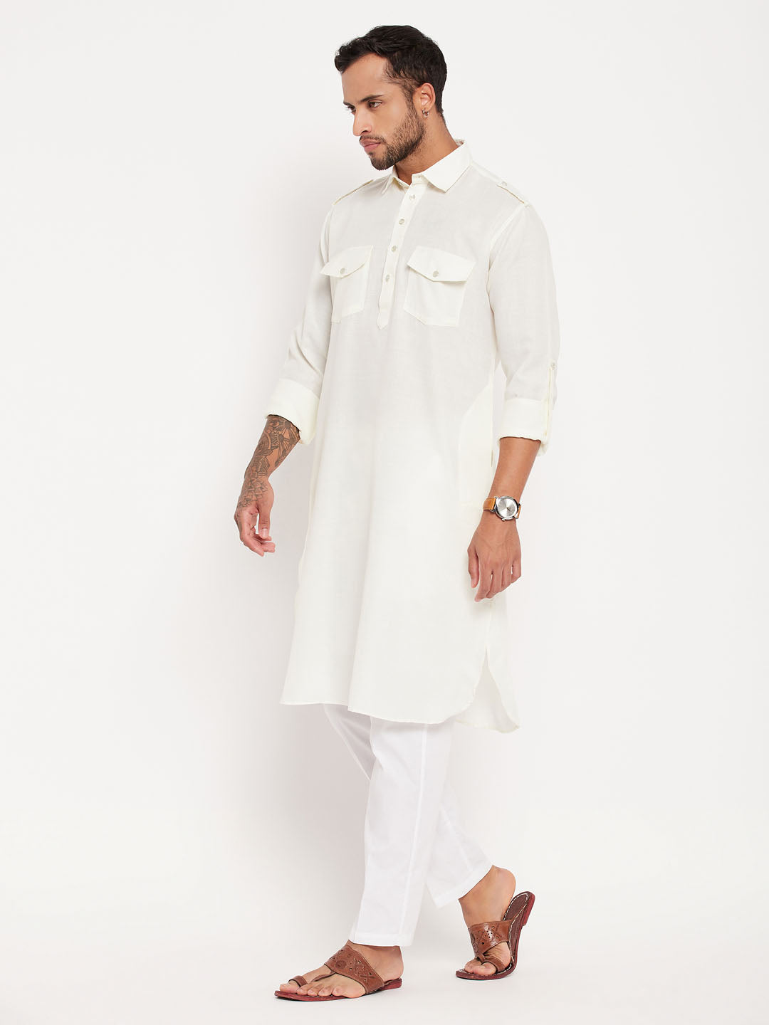 Sarvati Men's Cream Pathani Suit With White Pant Set