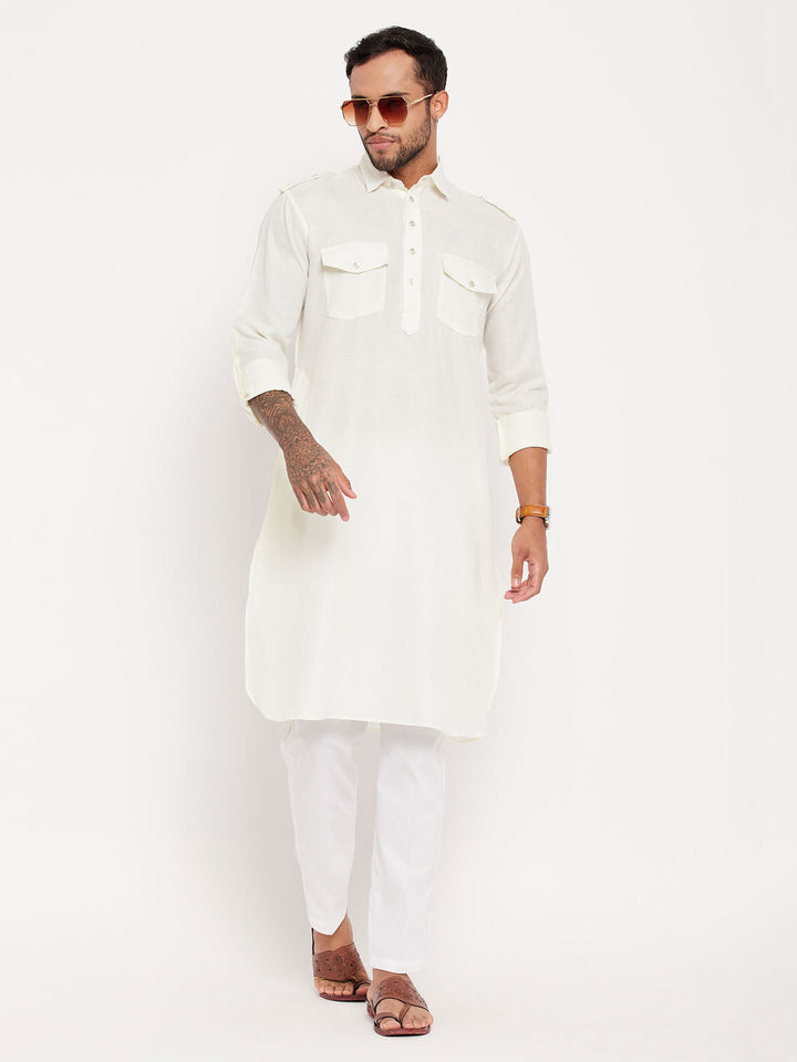 Sarvati Men's Cream Pathani Suit With White Pant Set