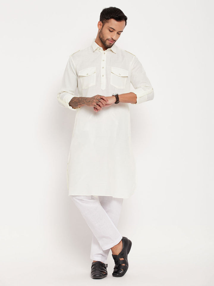 Sarvati Men's Cream And White Cotton Blend Pathani Suit Set