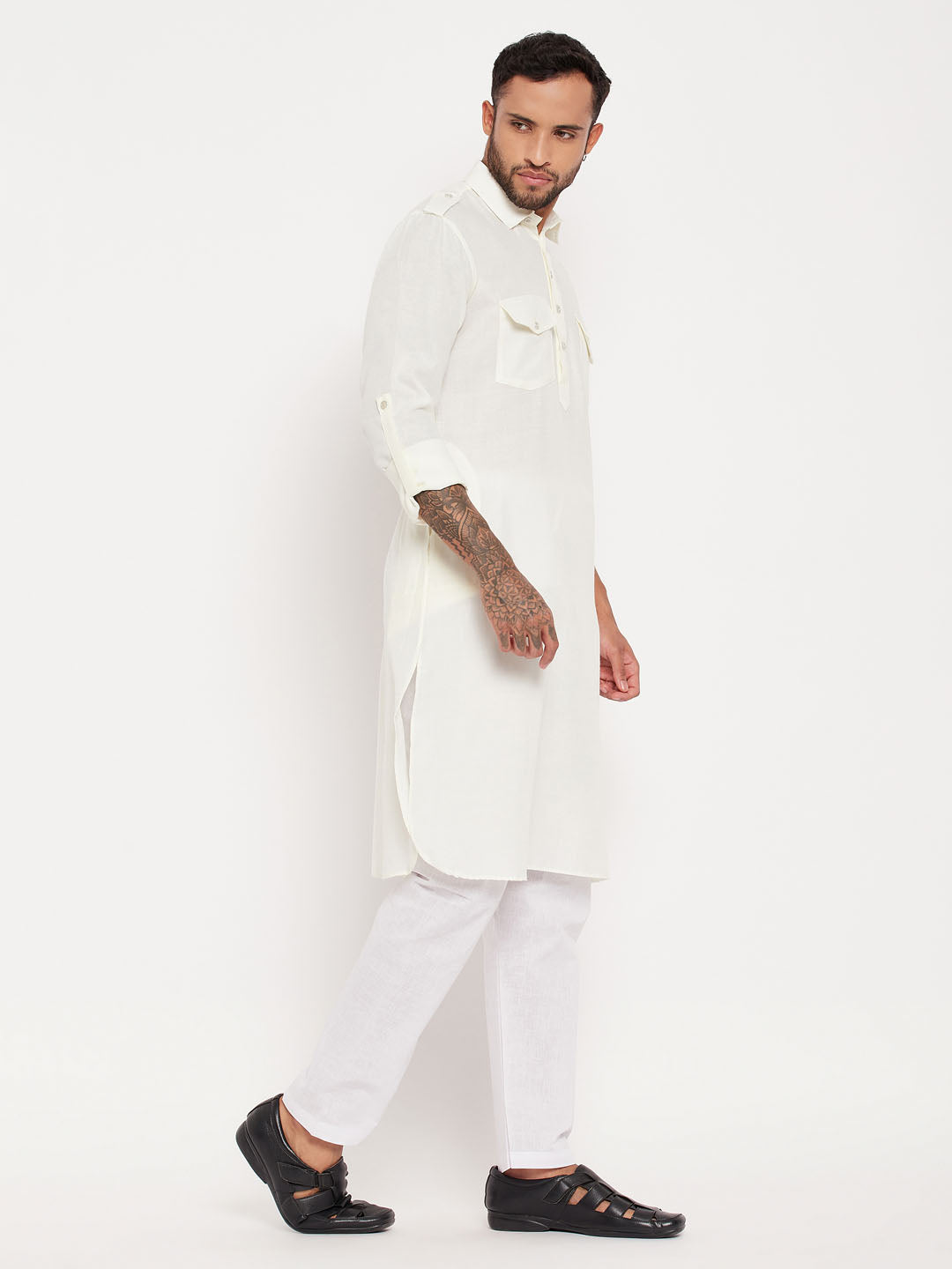 Sarvati Men's Cream And White Cotton Blend Pathani Suit Set