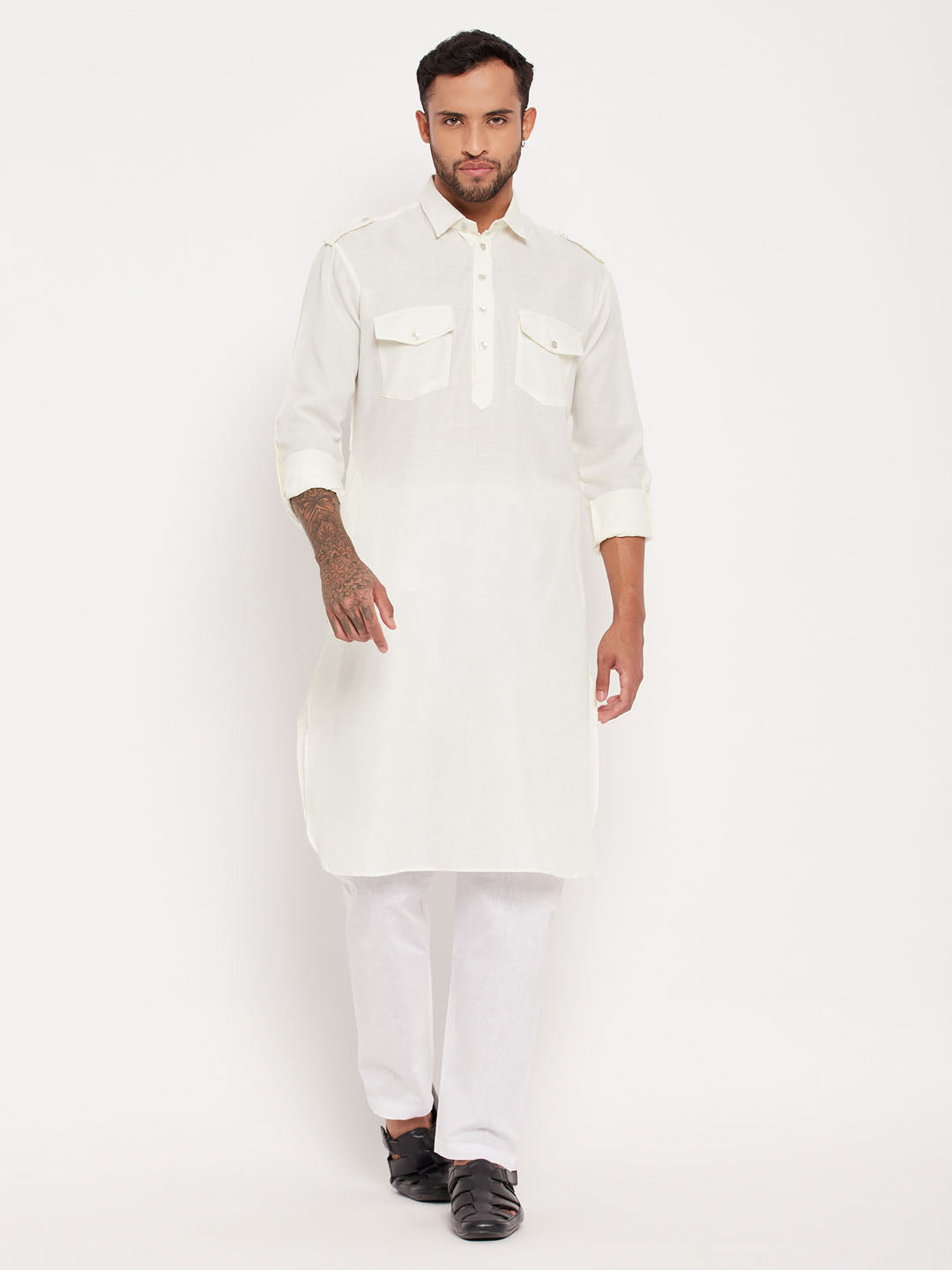 Sarvati Men's Cream And White Cotton Blend Pathani Suit Set