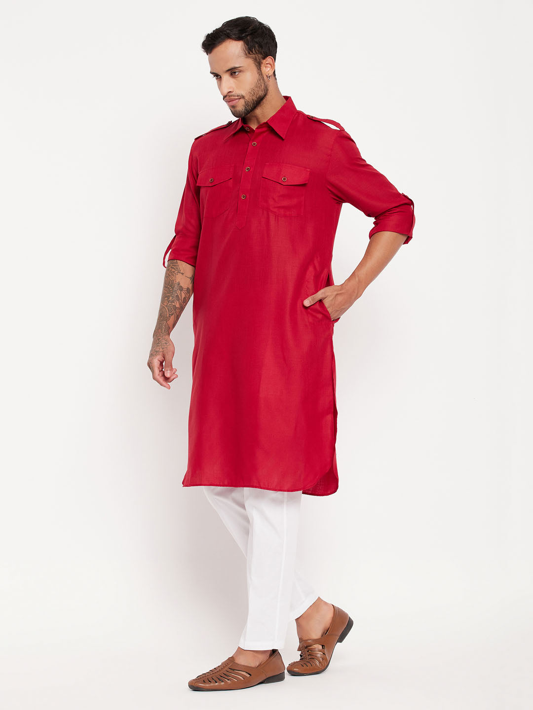 Sarvati Men's Maroon Pathani Suit With White Pant Set