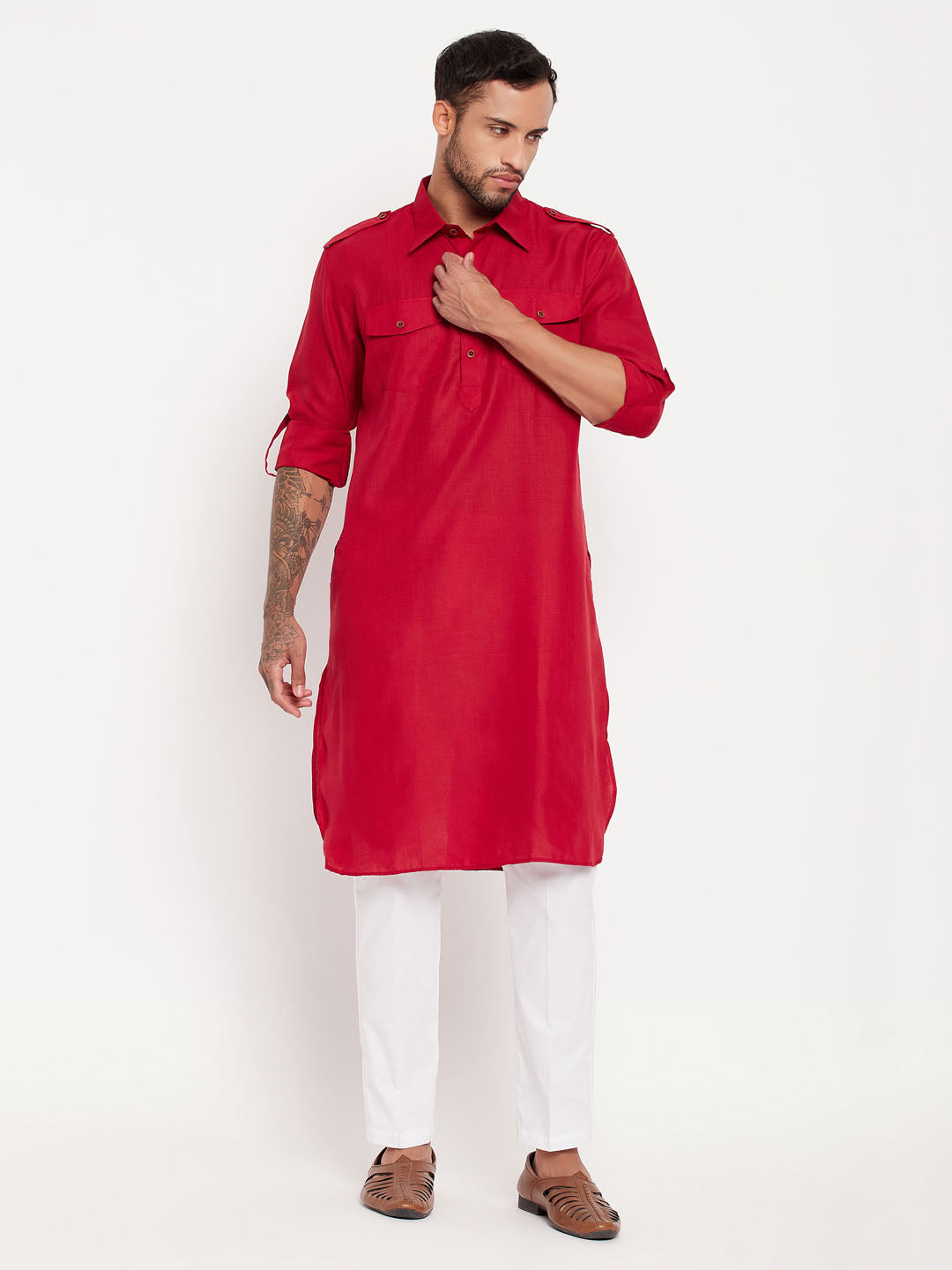 Sarvati Men's Maroon Pathani Suit With White Pant Set