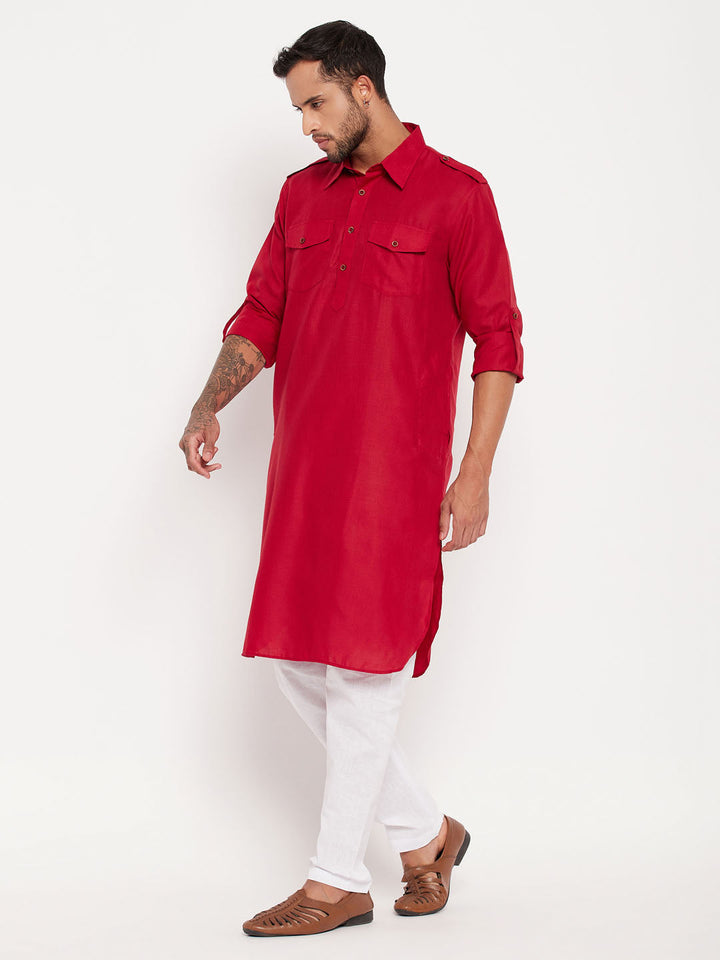 Sarvati Men's Maroon And White Cotton Blend Pathani Suit Set