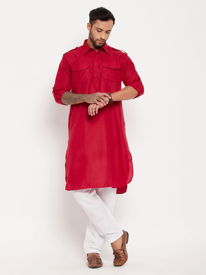 Sarvati Men's Maroon And White Cotton Blend Pathani Suit Set