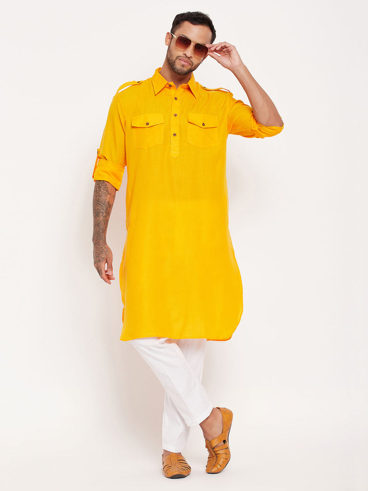 Sarvati Men's Mustard Pathani Suit With White Pant Set