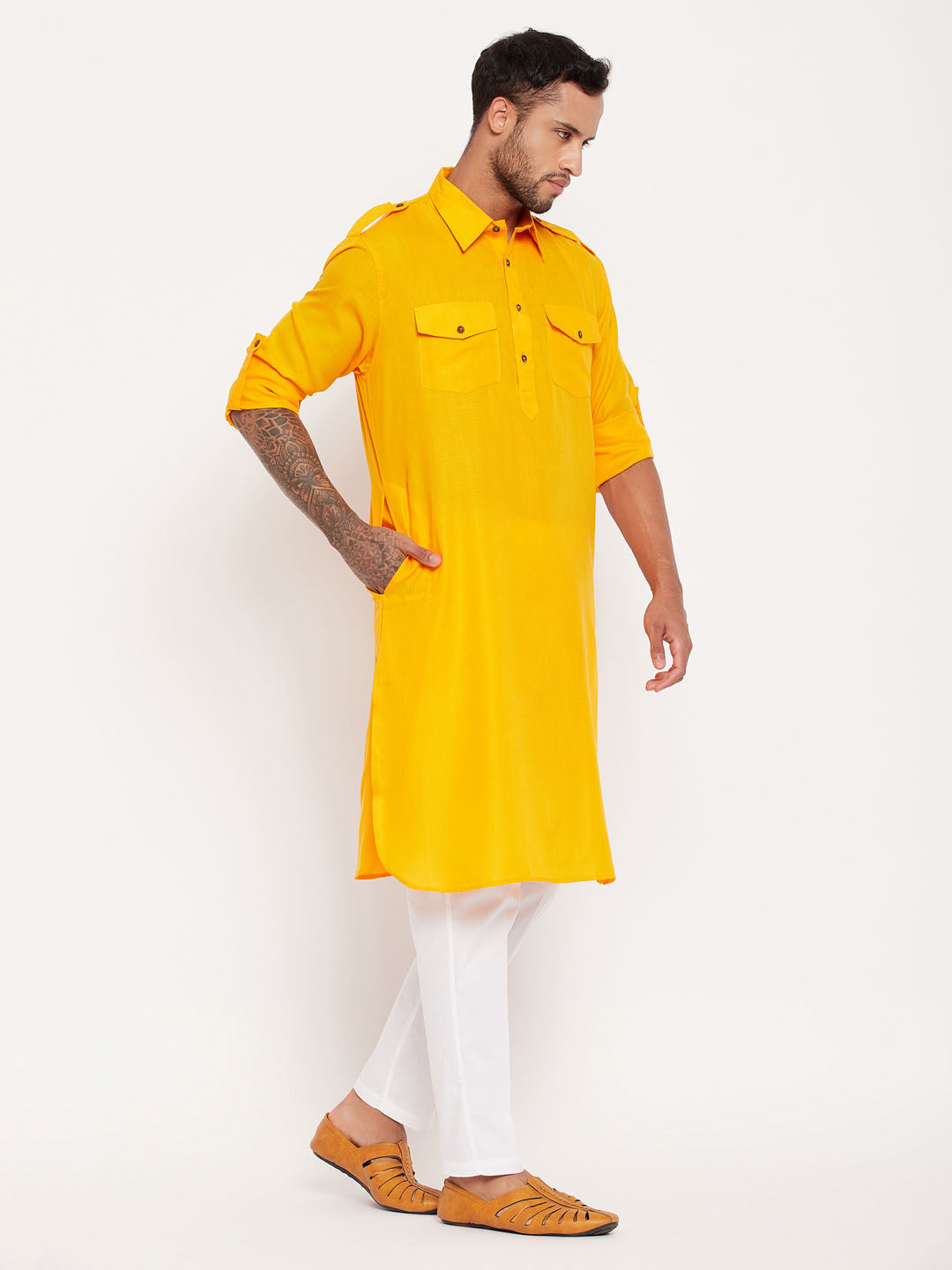 Sarvati Men's Mustard Pathani Suit With White Pant Set