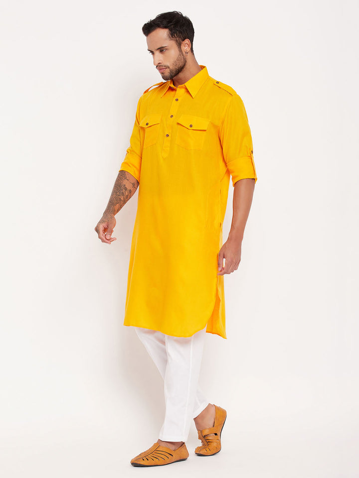 Sarvati Men's Mustard Pathani Suit With White Pant Set