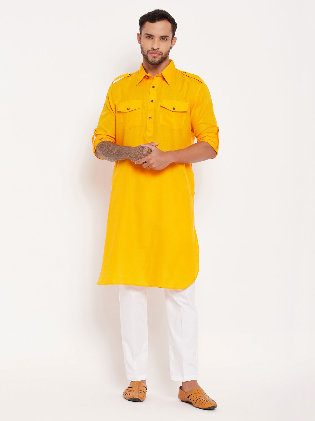 Sarvati Men's Mustard Pathani Suit With White Pant Set