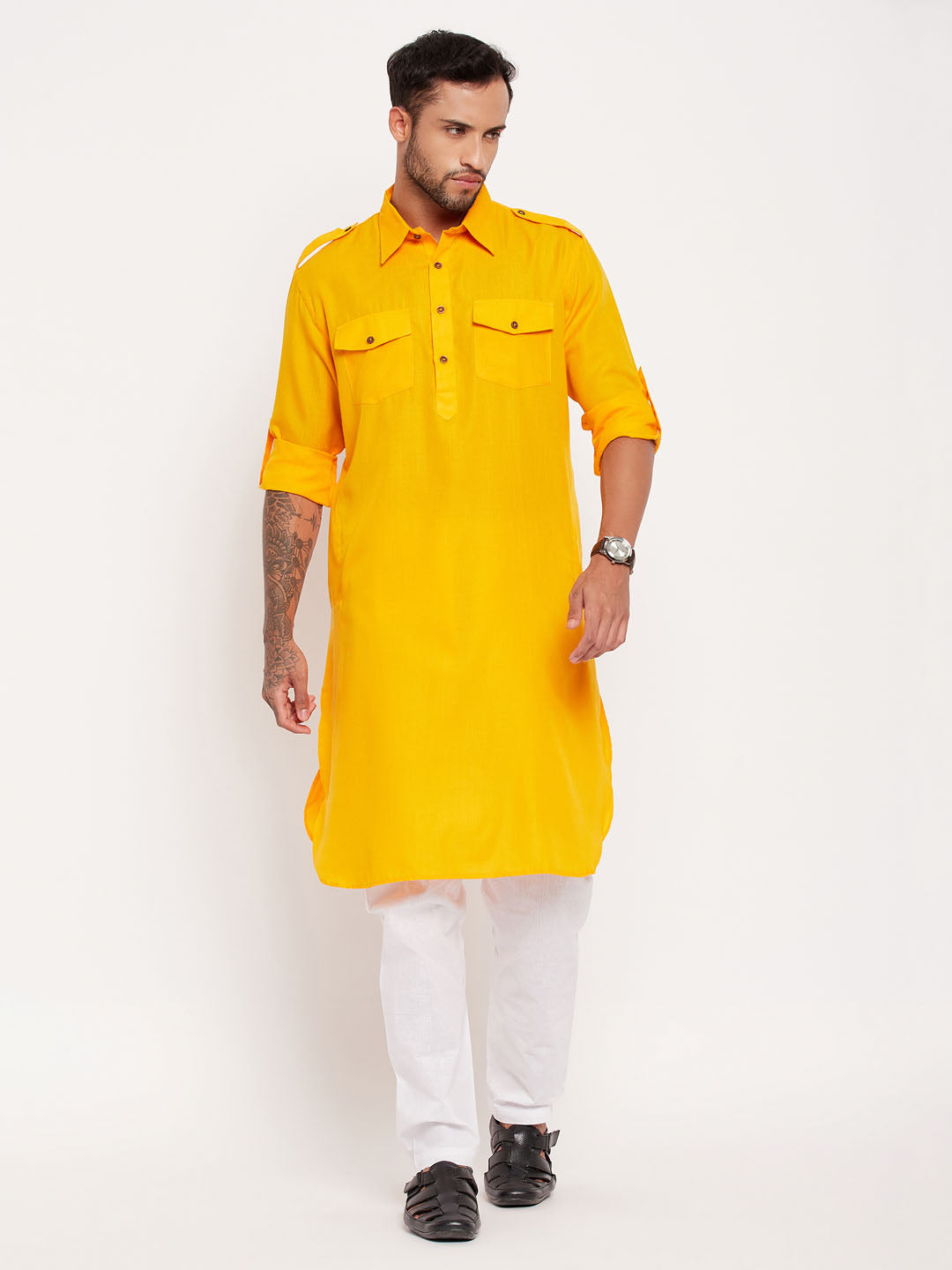 Sarvati Men's Mustard And White Cotton Blend Pathani Suit Set