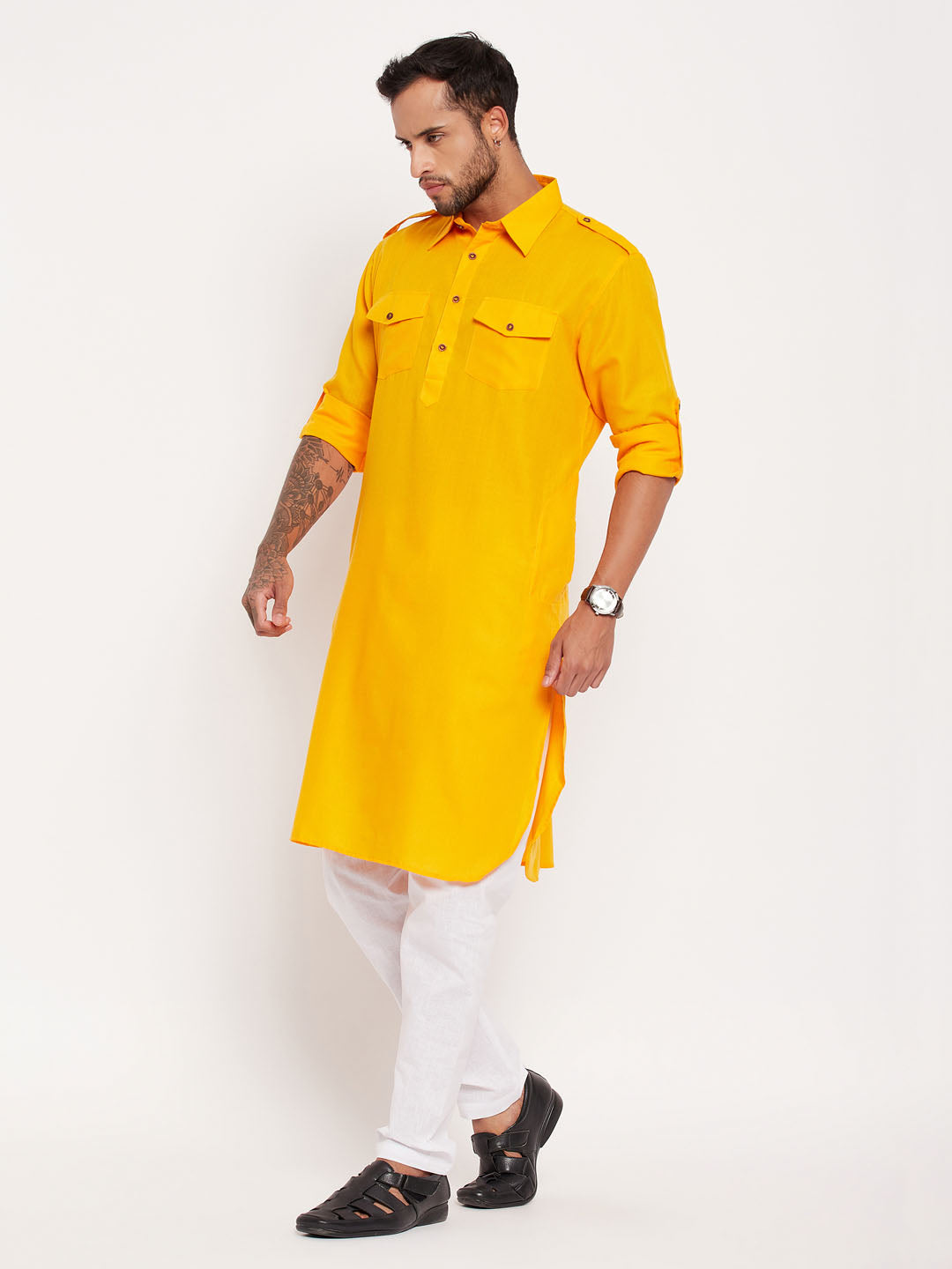 Sarvati Men's Mustard And White Cotton Blend Pathani Suit Set