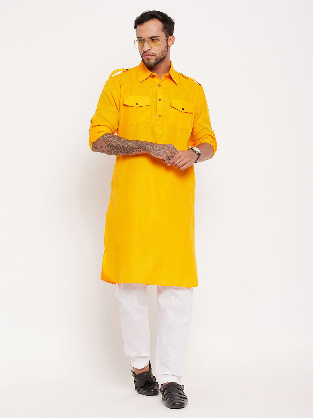 Sarvati Men's Mustard And White Cotton Blend Pathani Suit Set