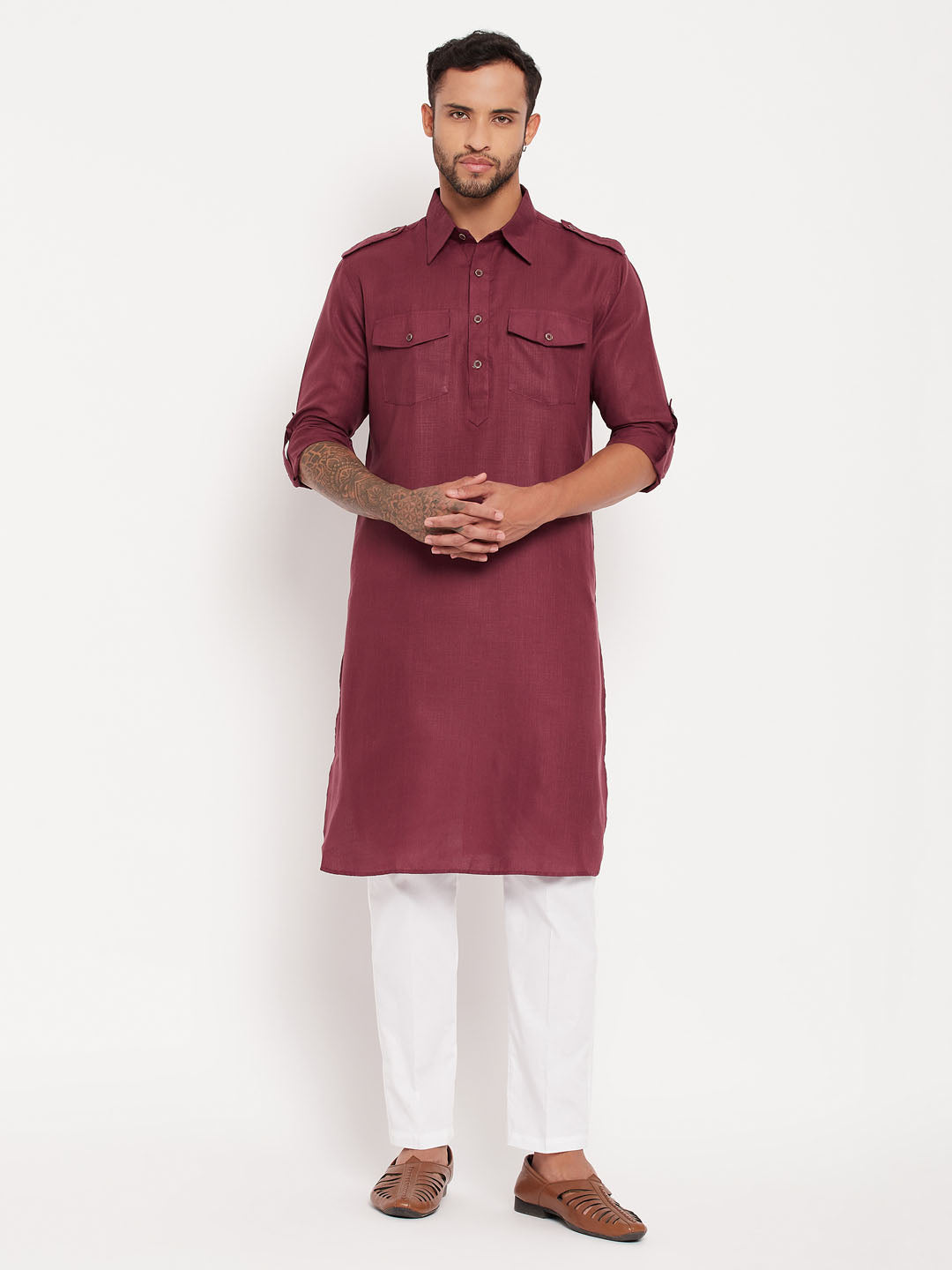 Sarvati Men's Purple Pathani Suit With White Pant Set