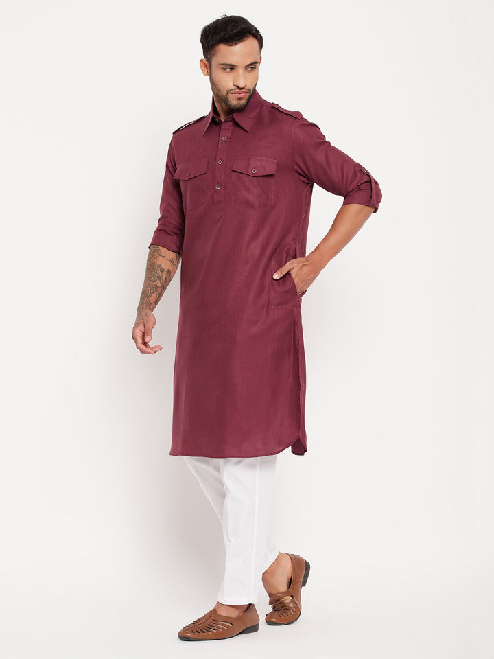 Sarvati Men's Purple Pathani Suit With White Pant Set