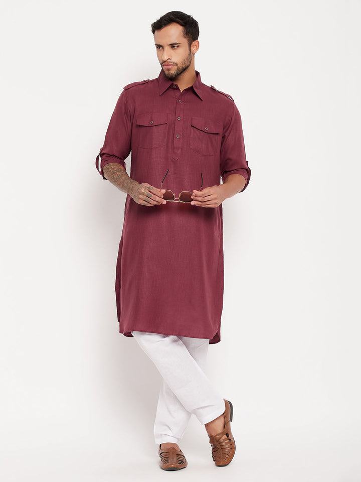 Sarvati Men's Purple And White Cotton Blend Pathani Suit Set