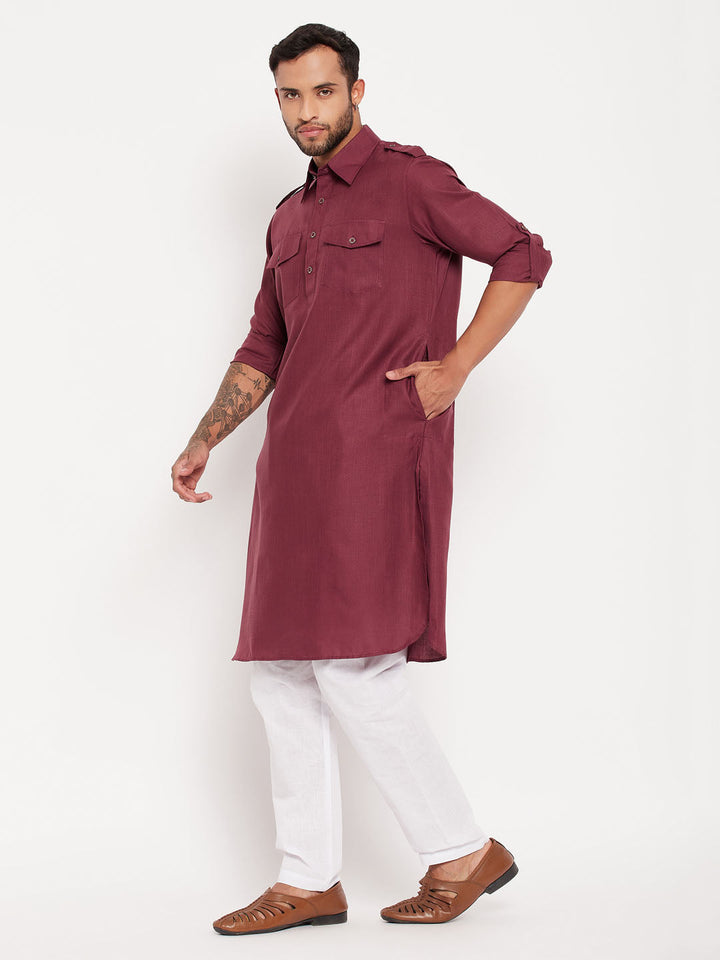 Sarvati Men's Purple And White Cotton Blend Pathani Suit Set