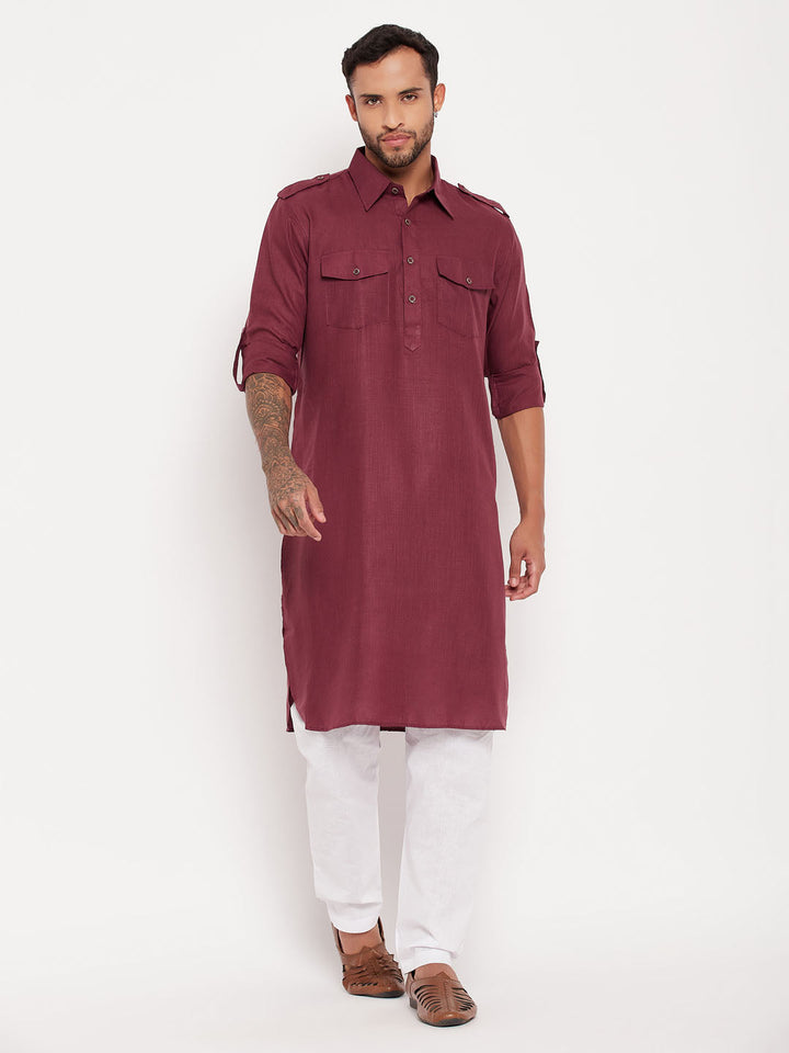 Sarvati Men's Purple And White Cotton Blend Pathani Suit Set