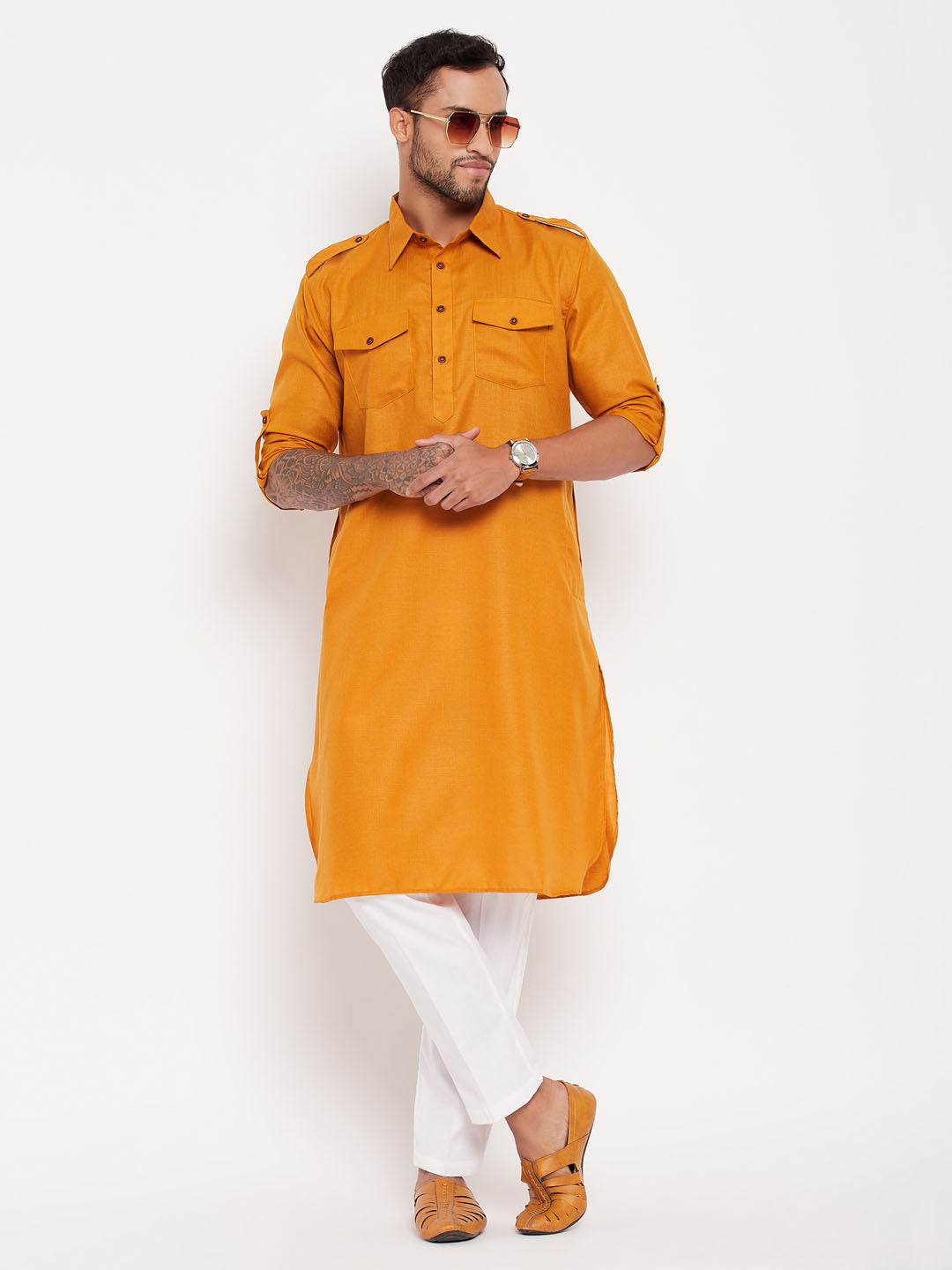 Sarvati Men's Rust Pathani Suit With White Pant Set