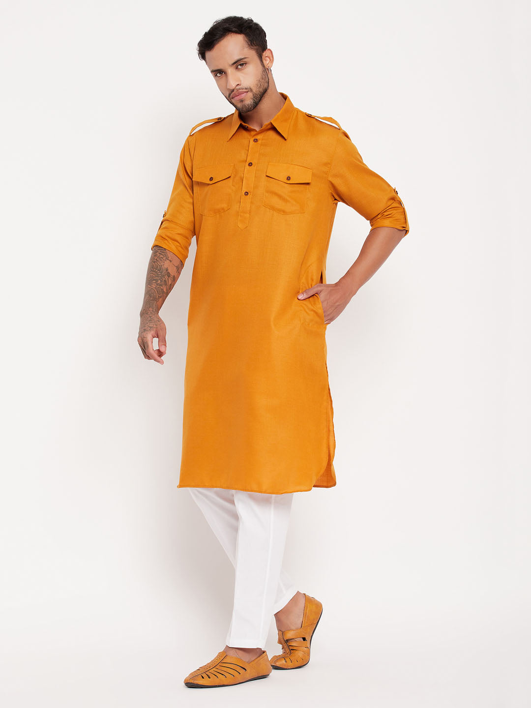 Sarvati Men's Rust Pathani Suit With White Pant Set