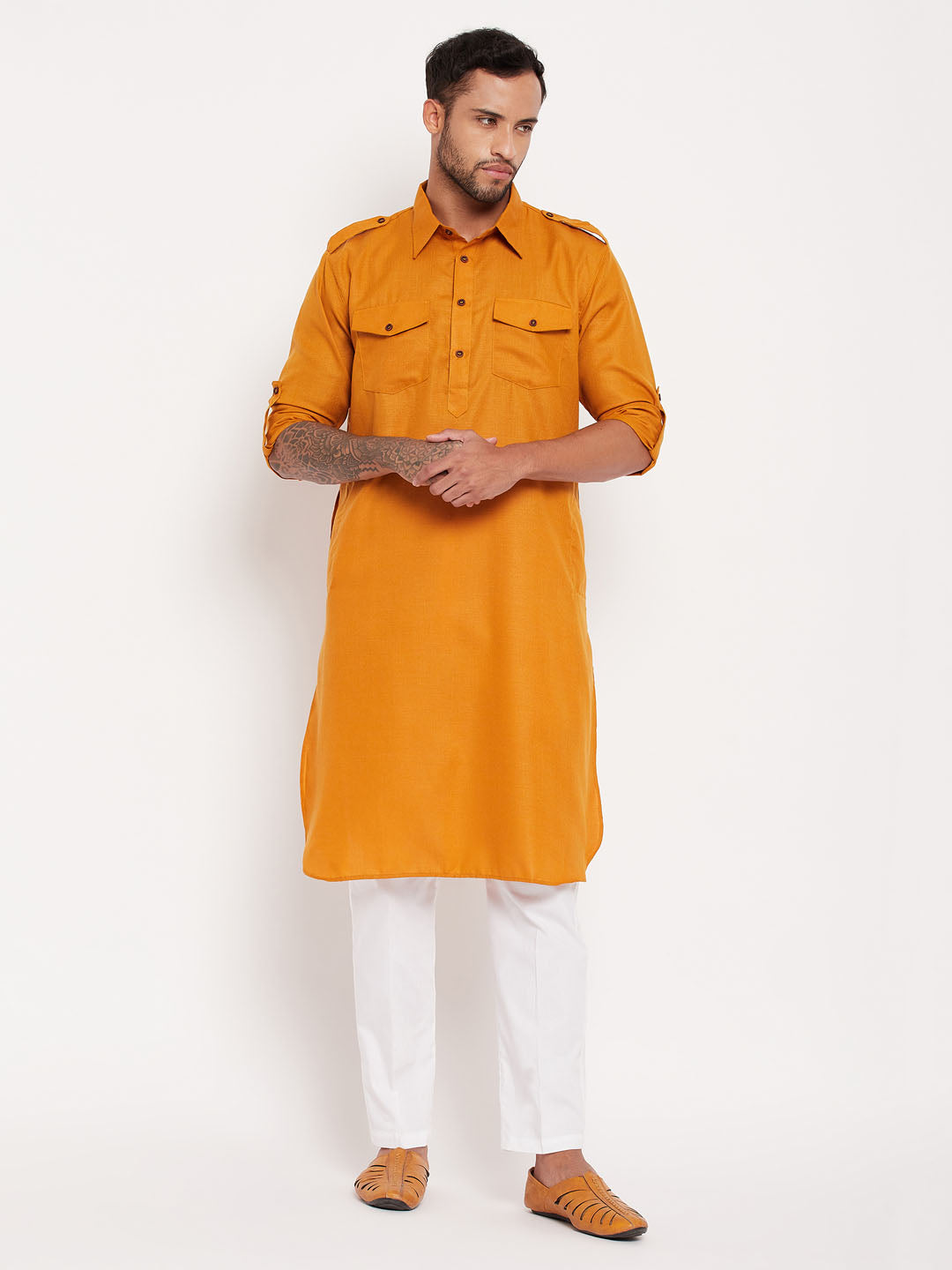 Sarvati Men's Rust Pathani Suit With White Pant Set