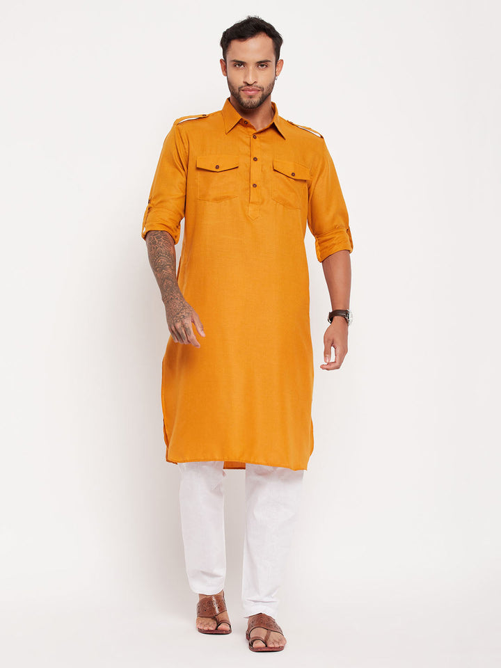 Sarvati Men's Rust And White Cotton Blend Pathani Suit Set