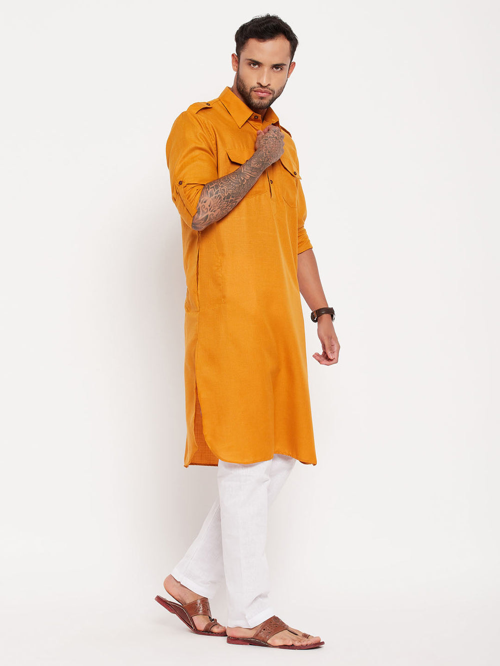 Sarvati Men's Rust And White Cotton Blend Pathani Suit Set