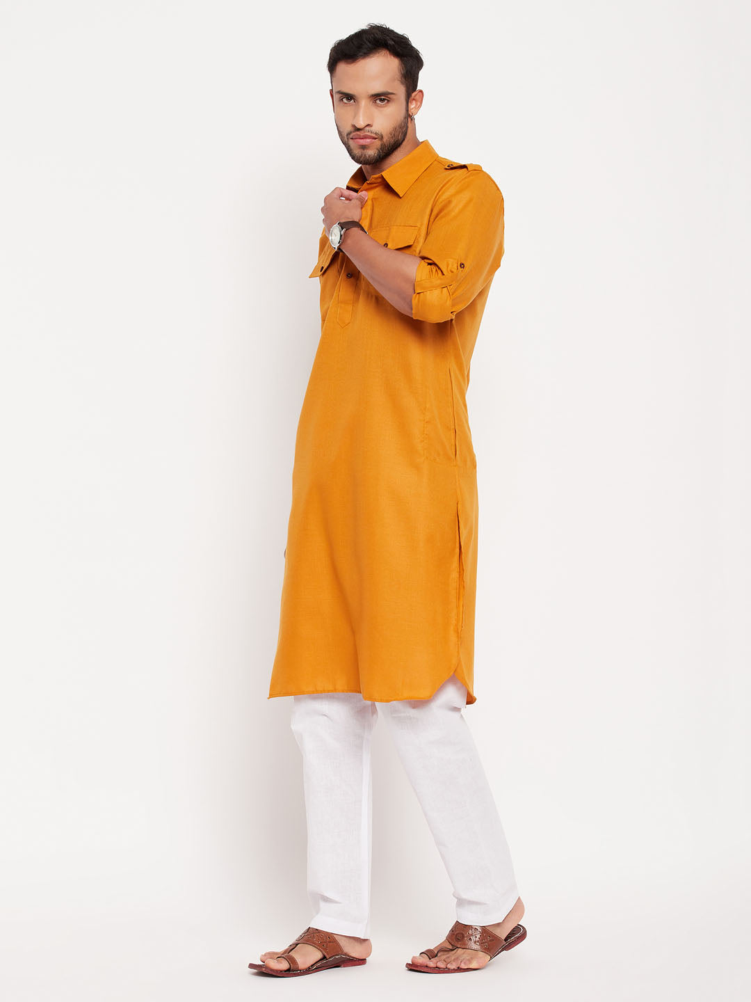 Sarvati Men's Rust And White Cotton Blend Pathani Suit Set