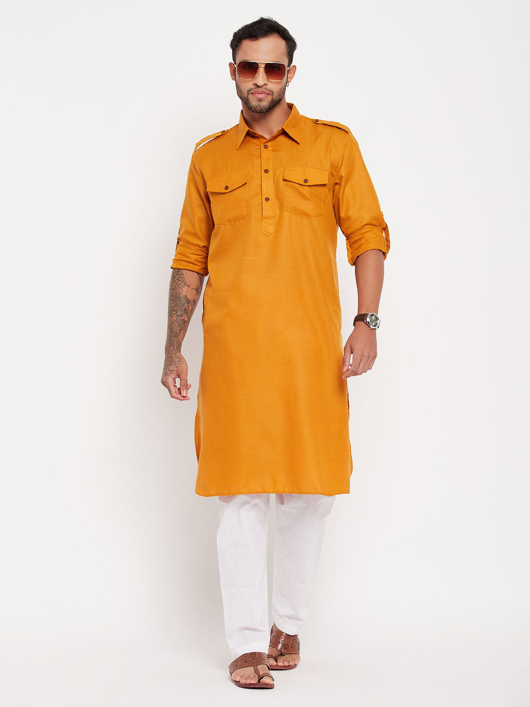 Sarvati Men's Rust And White Cotton Blend Pathani Suit Set