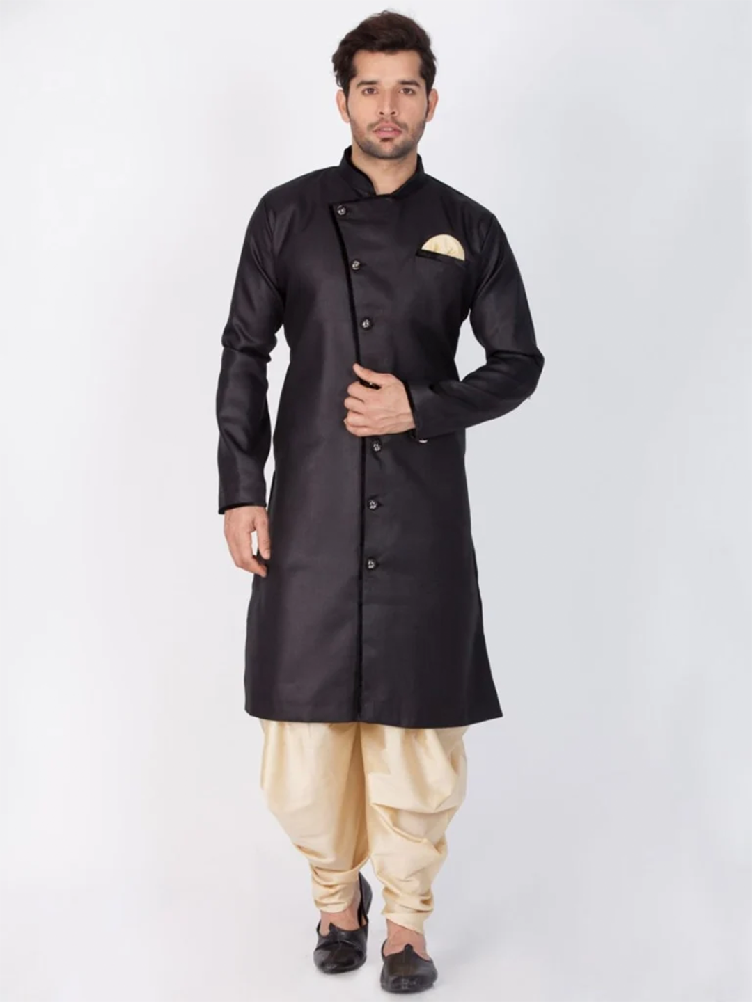 Men's Black And Gold Cotton Blend Sherwani Set