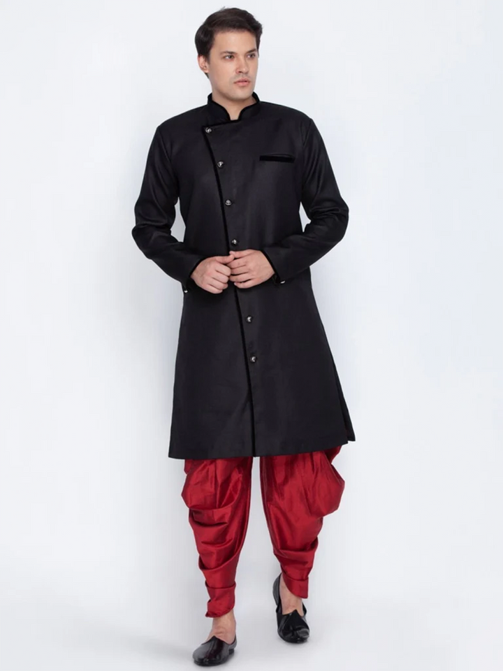 Men's Black Cotton Blend Sherwani Set