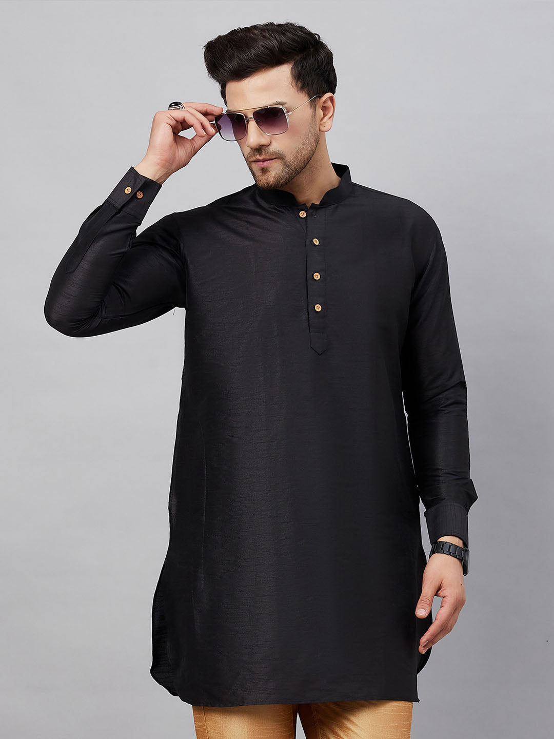 Men's Black Silk Blend Curved Kurta